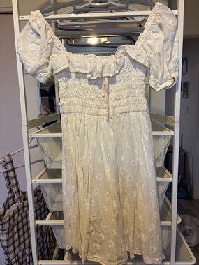 White Floral Eyelet Smocked Puff Sleeve Dress